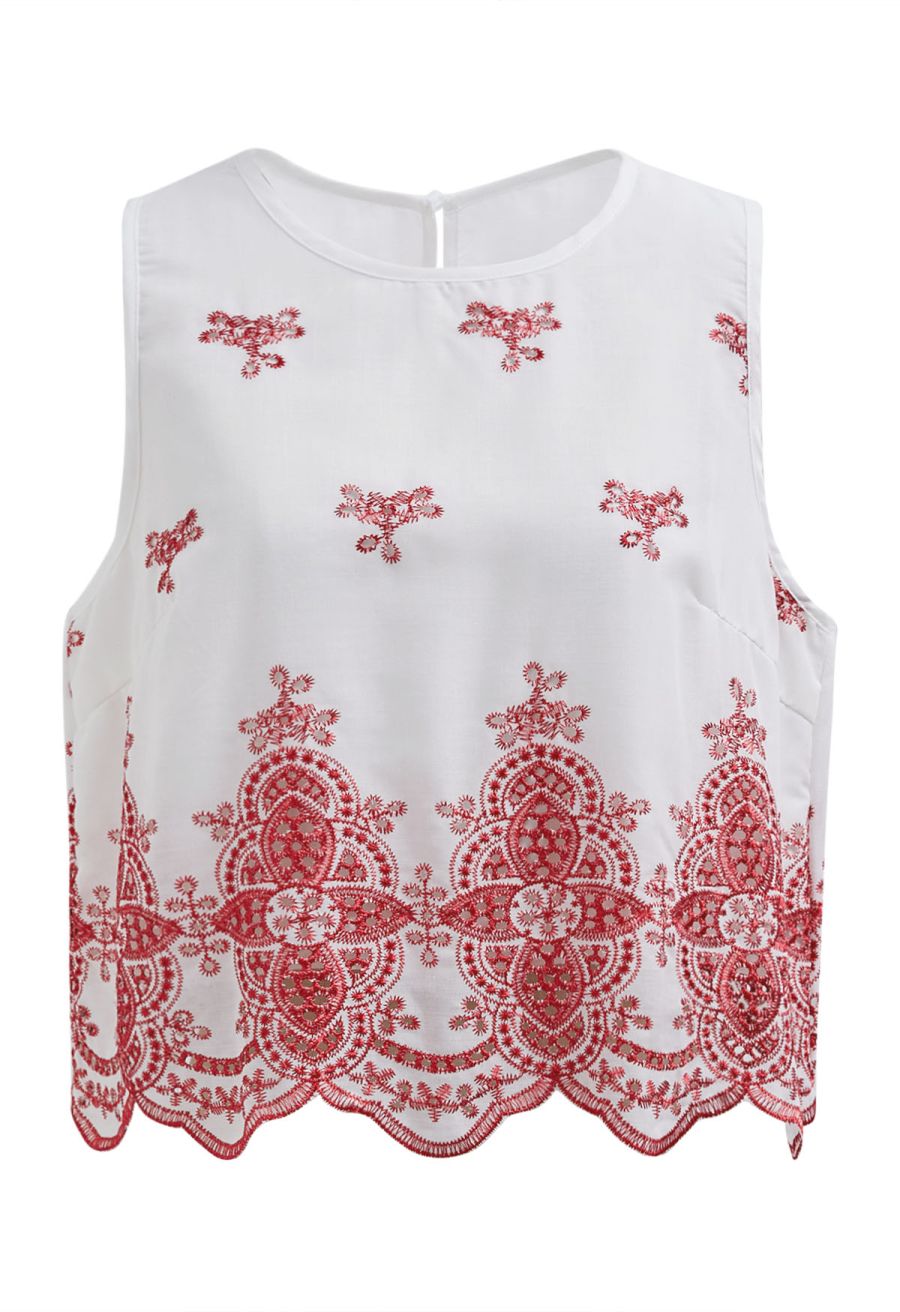 Tile-Inspired Embroidery Sleeveless Top and Pants Set in Red