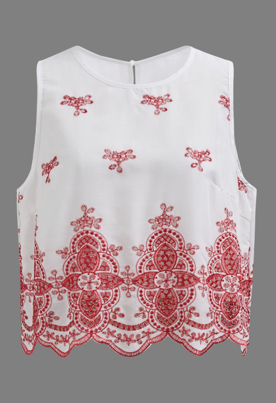 Tile-Inspired Embroidery Sleeveless Top and Pants Set in Red