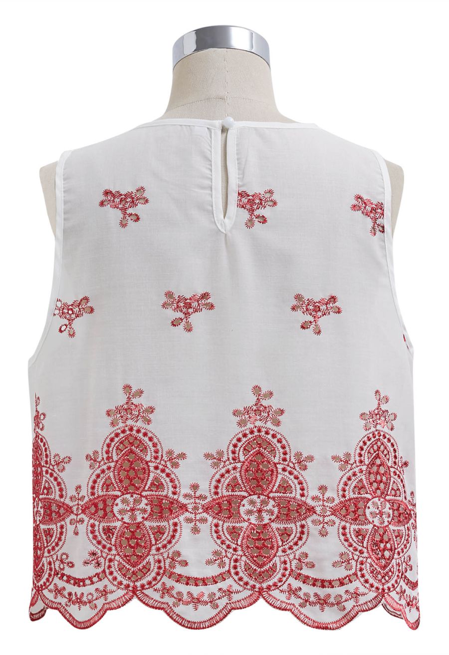 Tile-Inspired Embroidery Sleeveless Top and Pants Set in Red