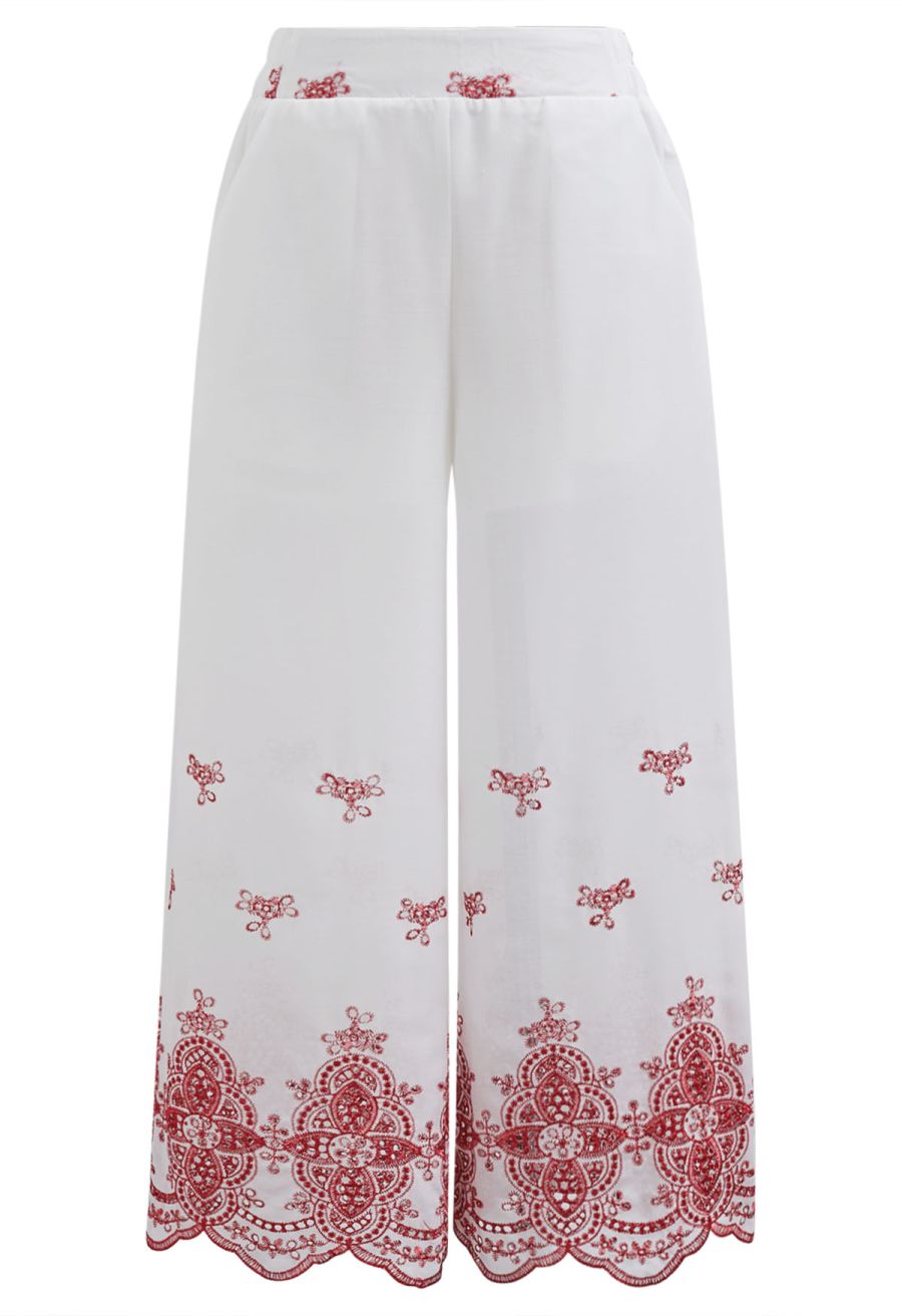 Tile-Inspired Embroidery Sleeveless Top and Pants Set in Red