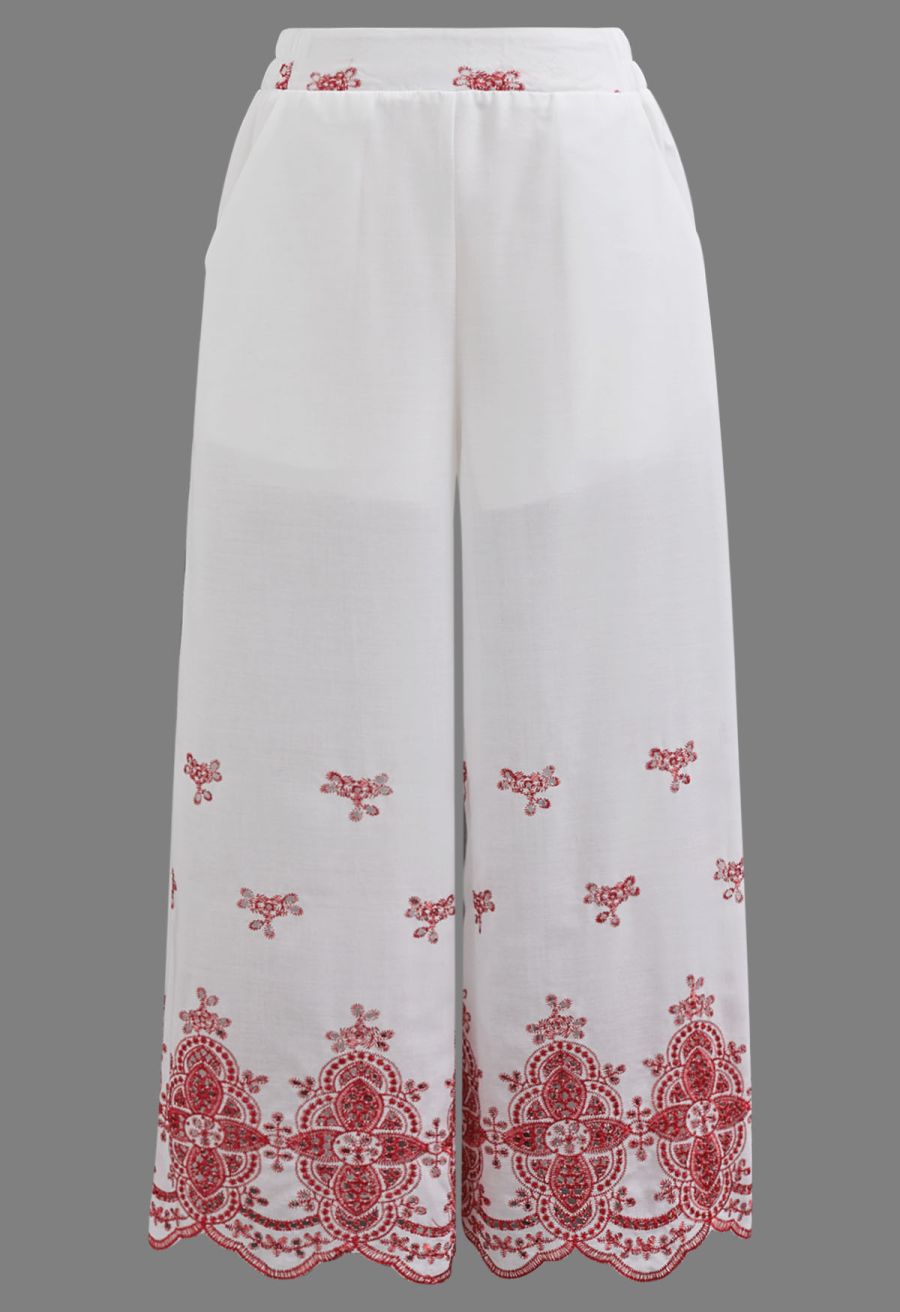 Tile-Inspired Embroidery Sleeveless Top and Pants Set in Red