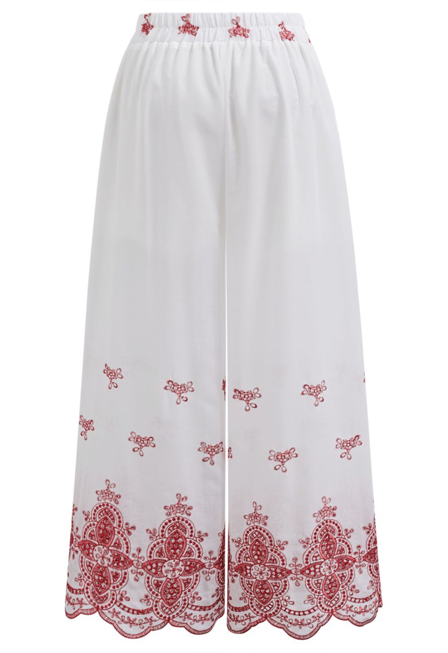 Tile-Inspired Embroidery Sleeveless Top and Pants Set in Red