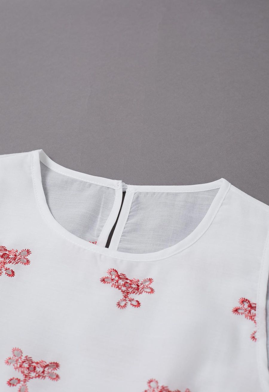 Tile-Inspired Embroidery Sleeveless Top and Pants Set in Red