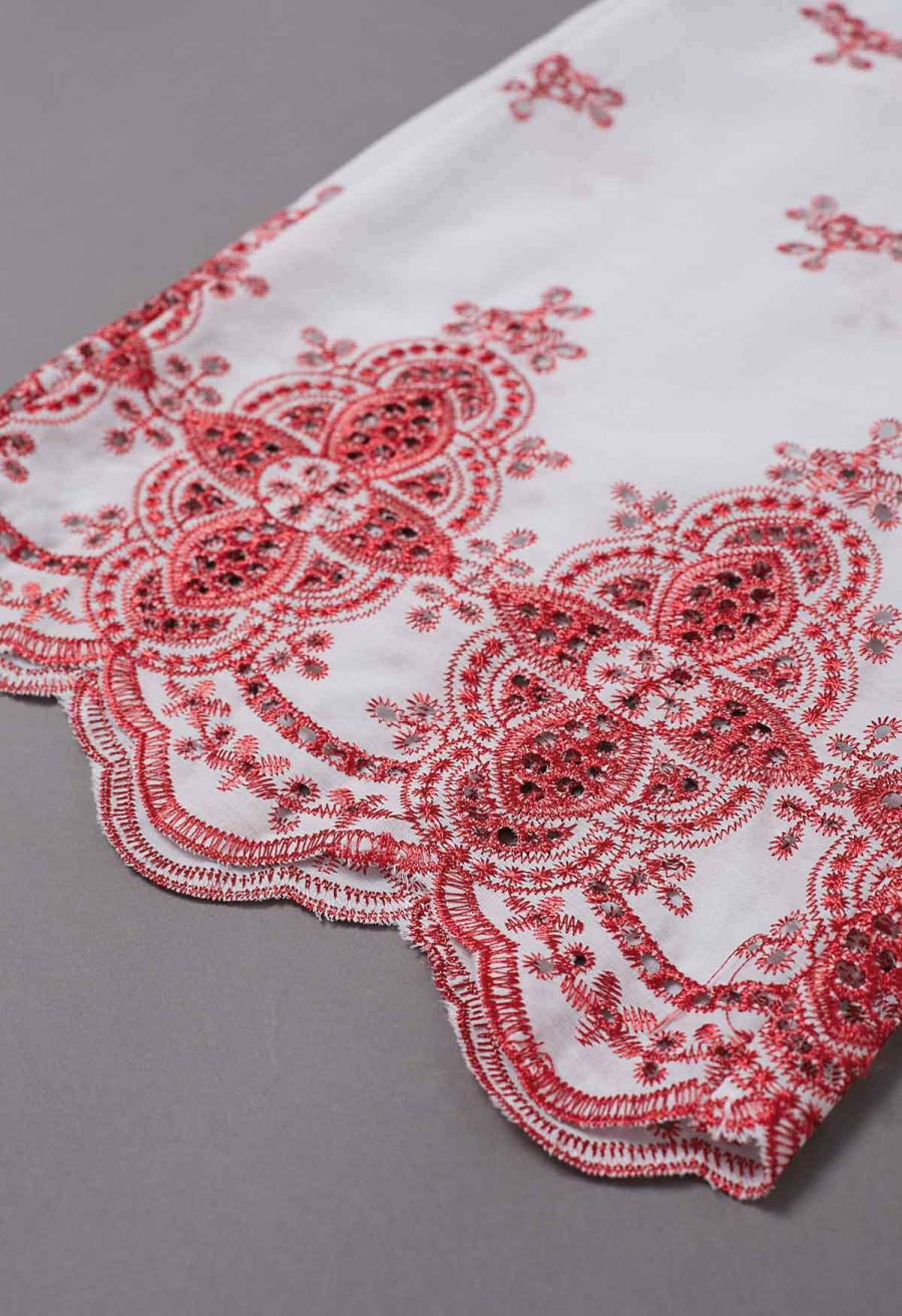 Tile-Inspired Embroidery Sleeveless Top and Pants Set in Red