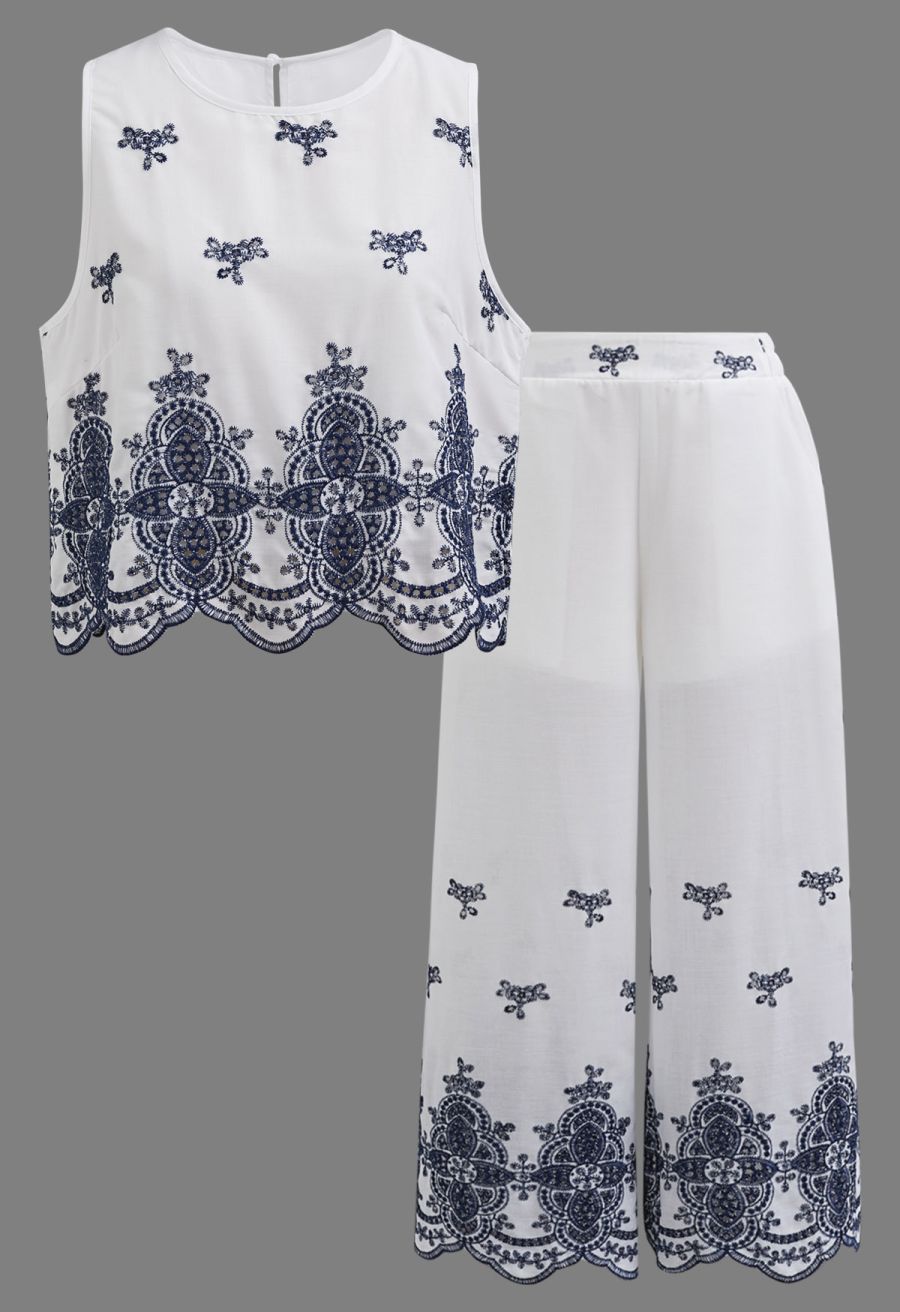 Tile-Inspired Embroidery Sleeveless Top and Pants Set in Navy