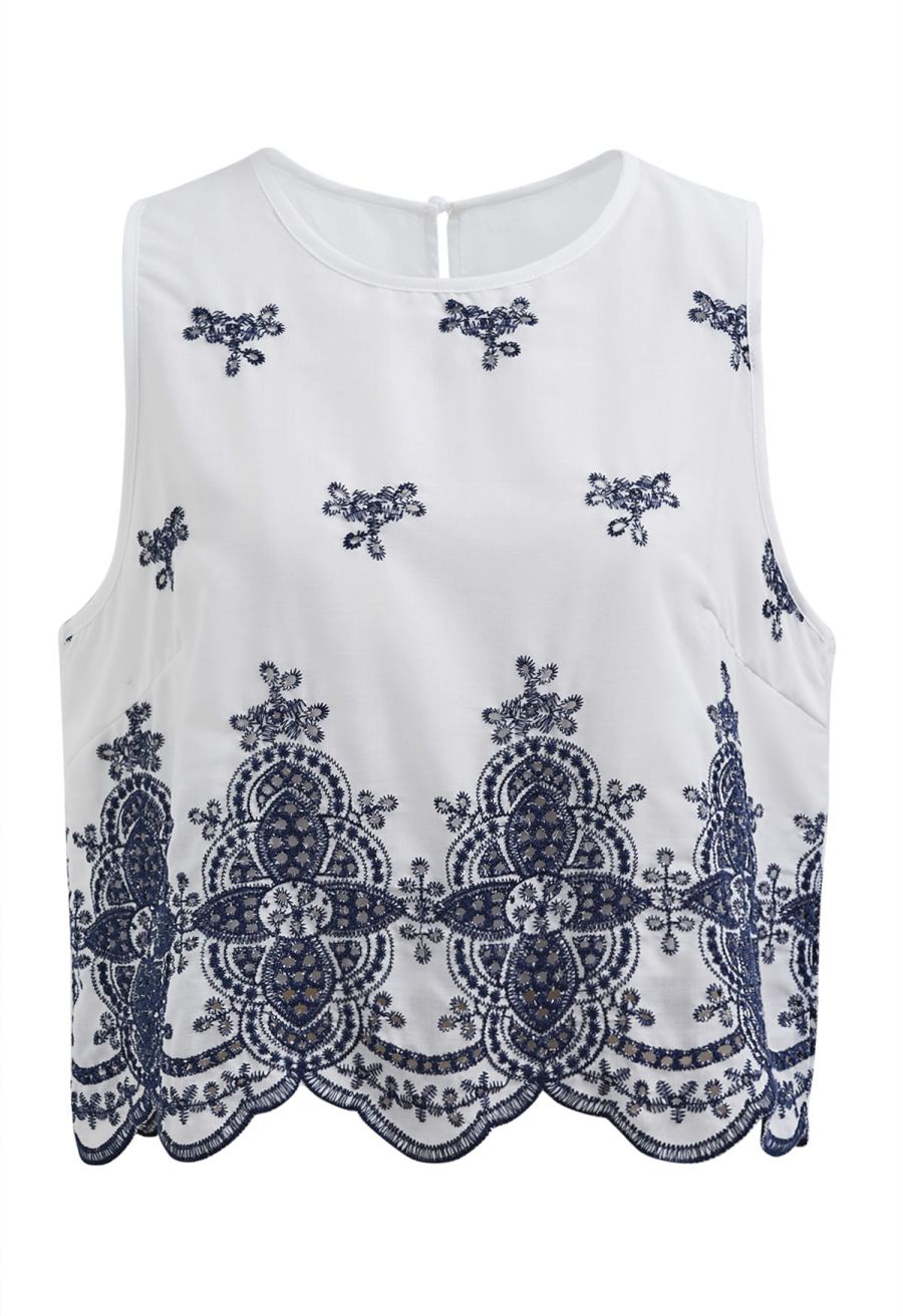 Tile-Inspired Embroidery Sleeveless Top and Pants Set in Navy
