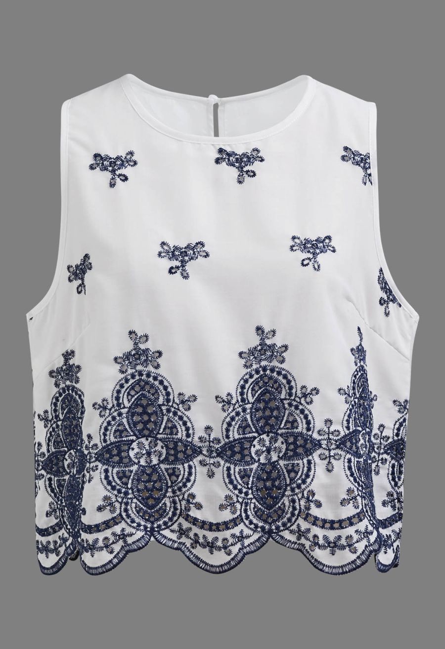 Tile-Inspired Embroidery Sleeveless Top and Pants Set in Navy