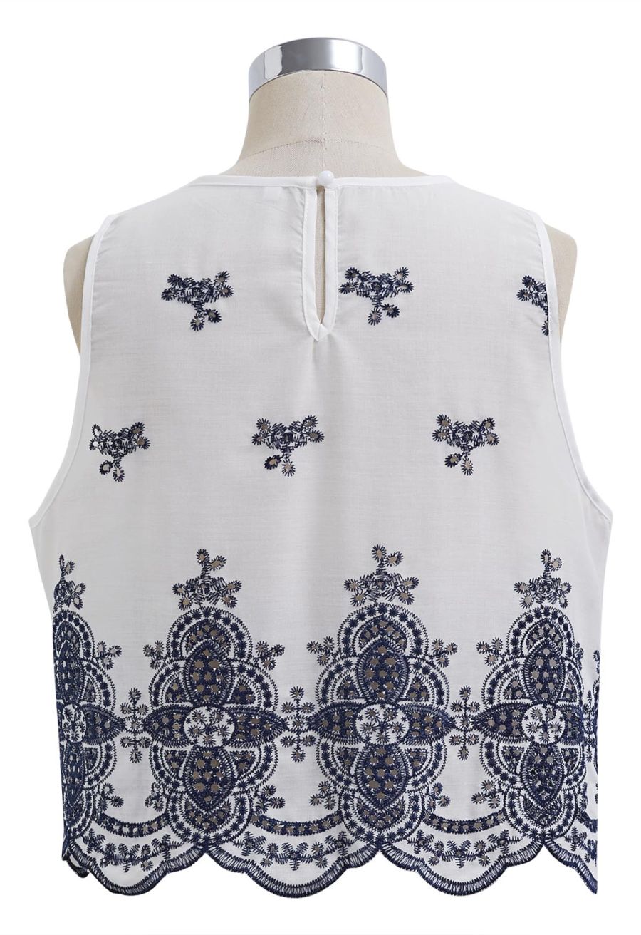 Tile-Inspired Embroidery Sleeveless Top and Pants Set in Navy