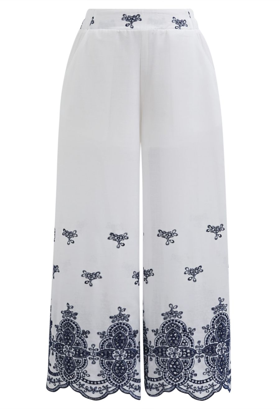 Tile-Inspired Embroidery Sleeveless Top and Pants Set in Navy