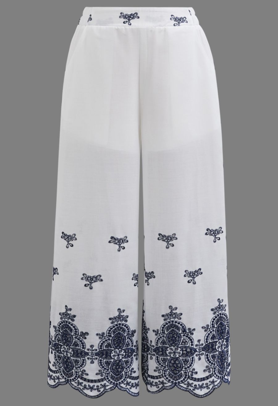 Tile-Inspired Embroidery Sleeveless Top and Pants Set in Navy