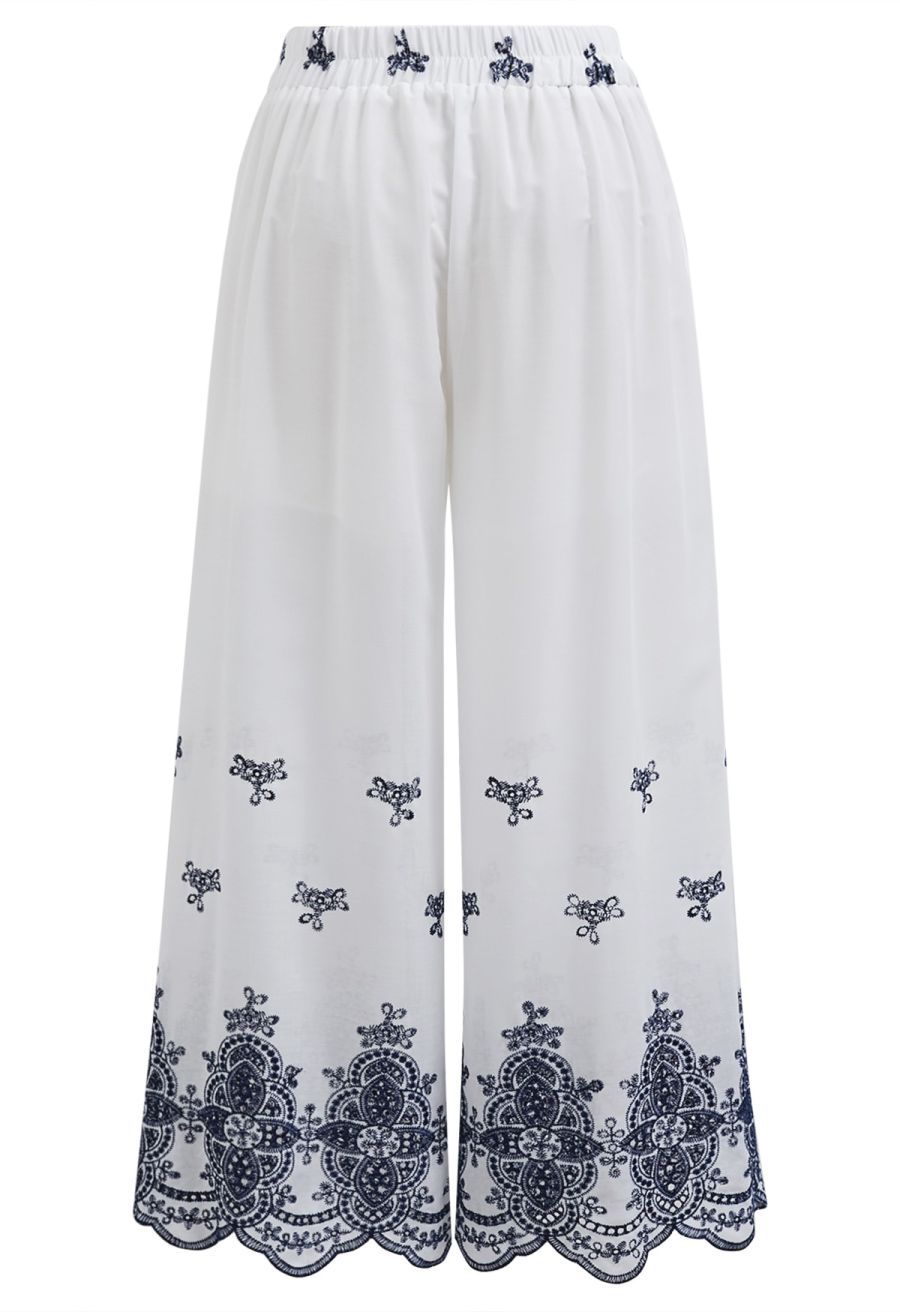 Tile-Inspired Embroidery Sleeveless Top and Pants Set in Navy