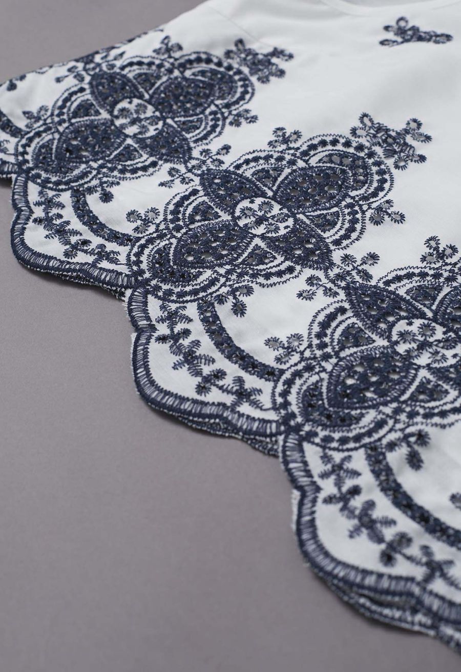 Tile-Inspired Embroidery Sleeveless Top and Pants Set in Navy
