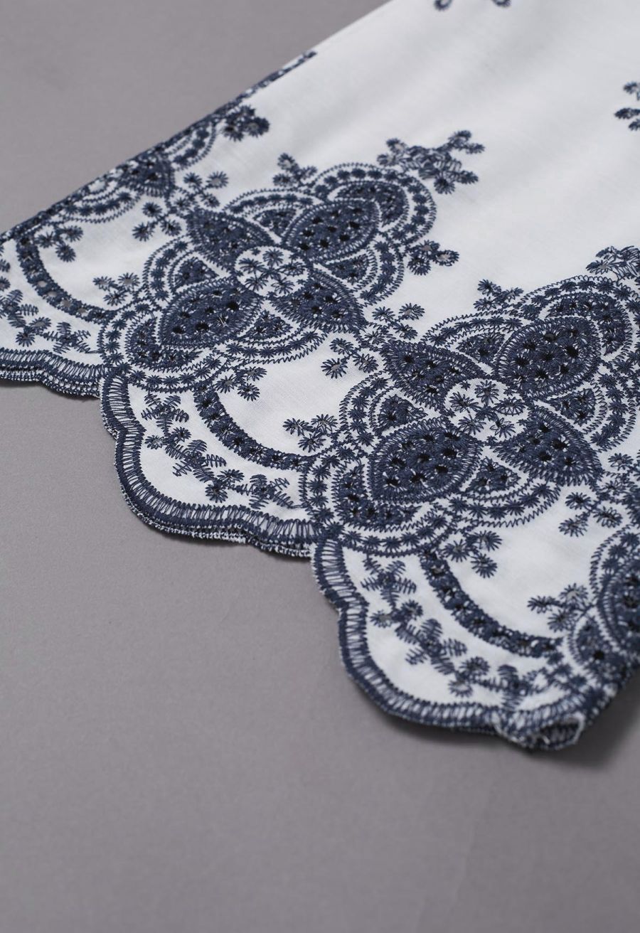 Tile-Inspired Embroidery Sleeveless Top and Pants Set in Navy