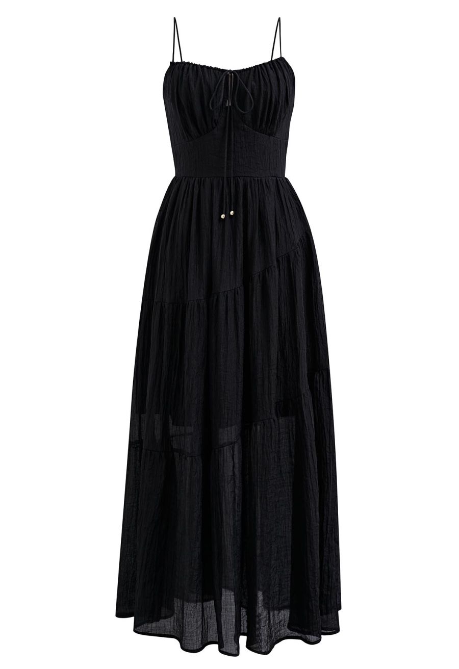 Self-Tie Bowknot Shirred Crinkled Tiered Dress in Black