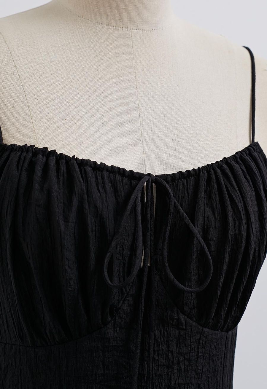 Self-Tie Bowknot Shirred Crinkled Tiered Dress in Black