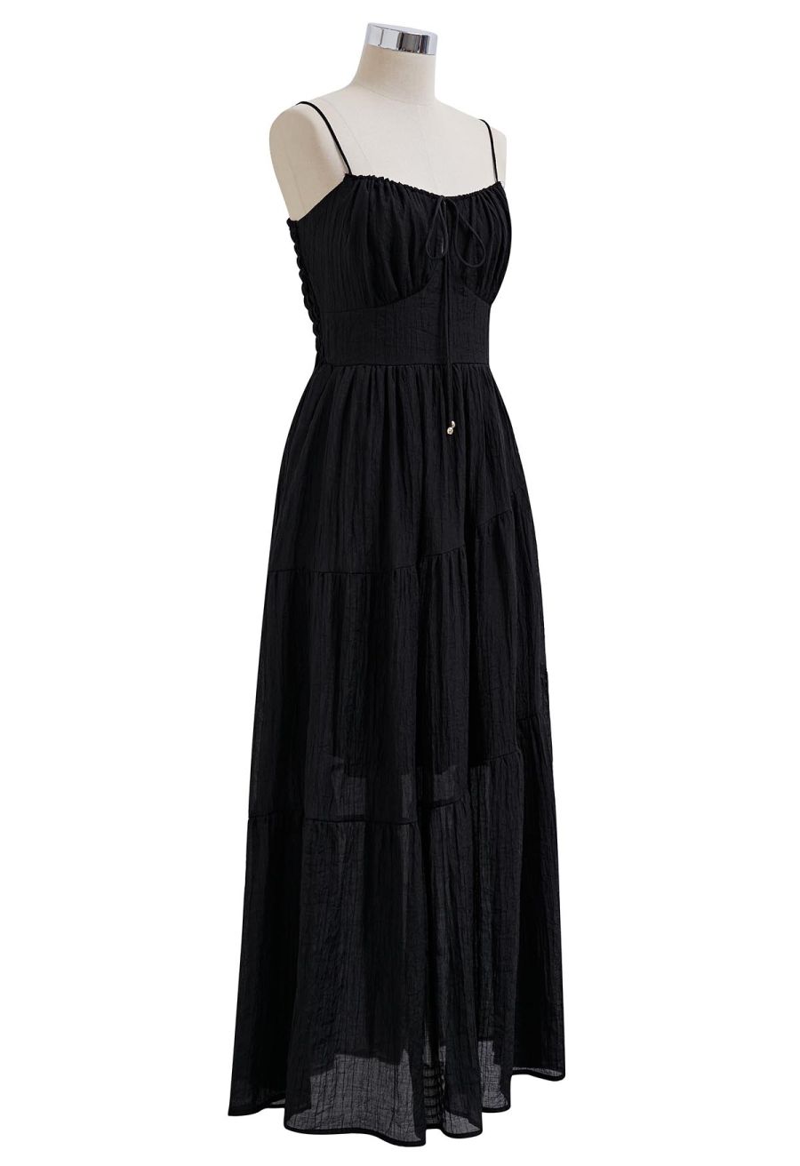 Self-Tie Bowknot Shirred Crinkled Tiered Dress in Black