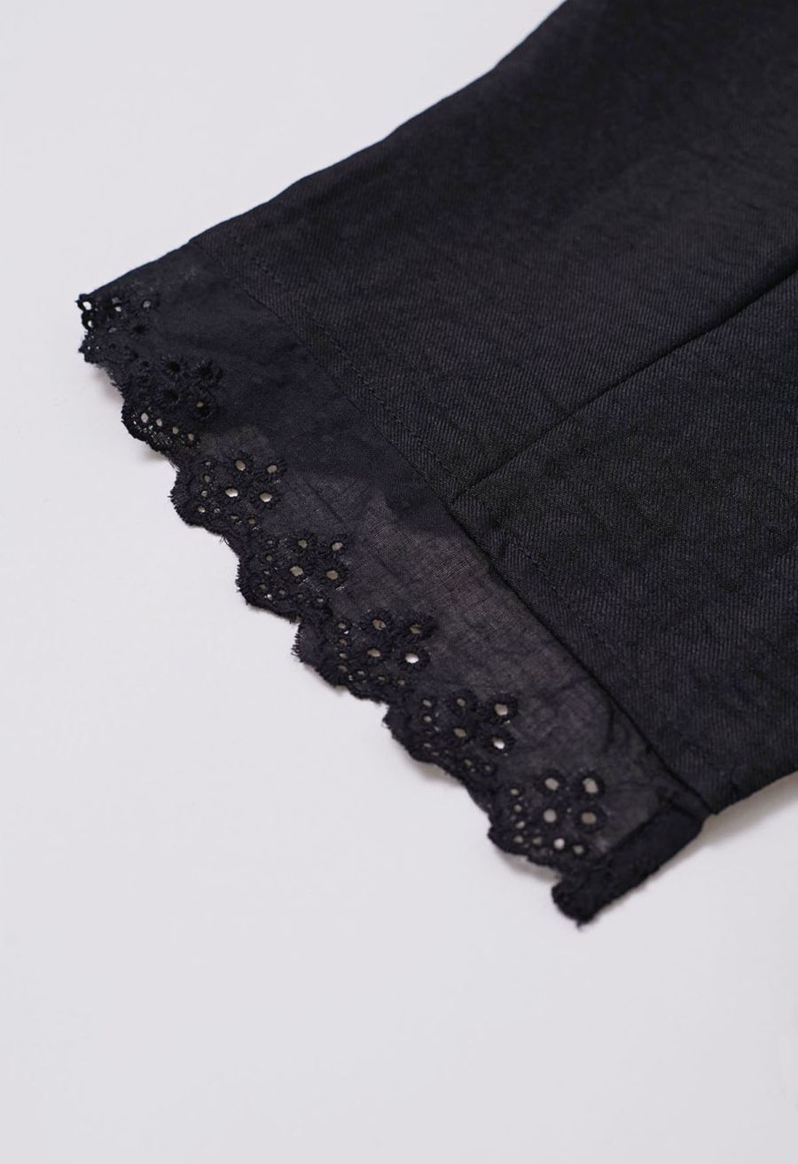 Lace Trim Buttoned Vest and Pants Set in Black