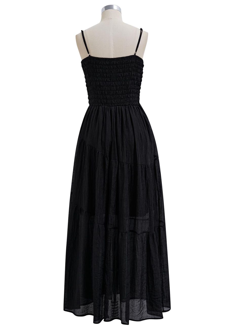 Self-Tie Bowknot Shirred Crinkled Tiered Dress in Black