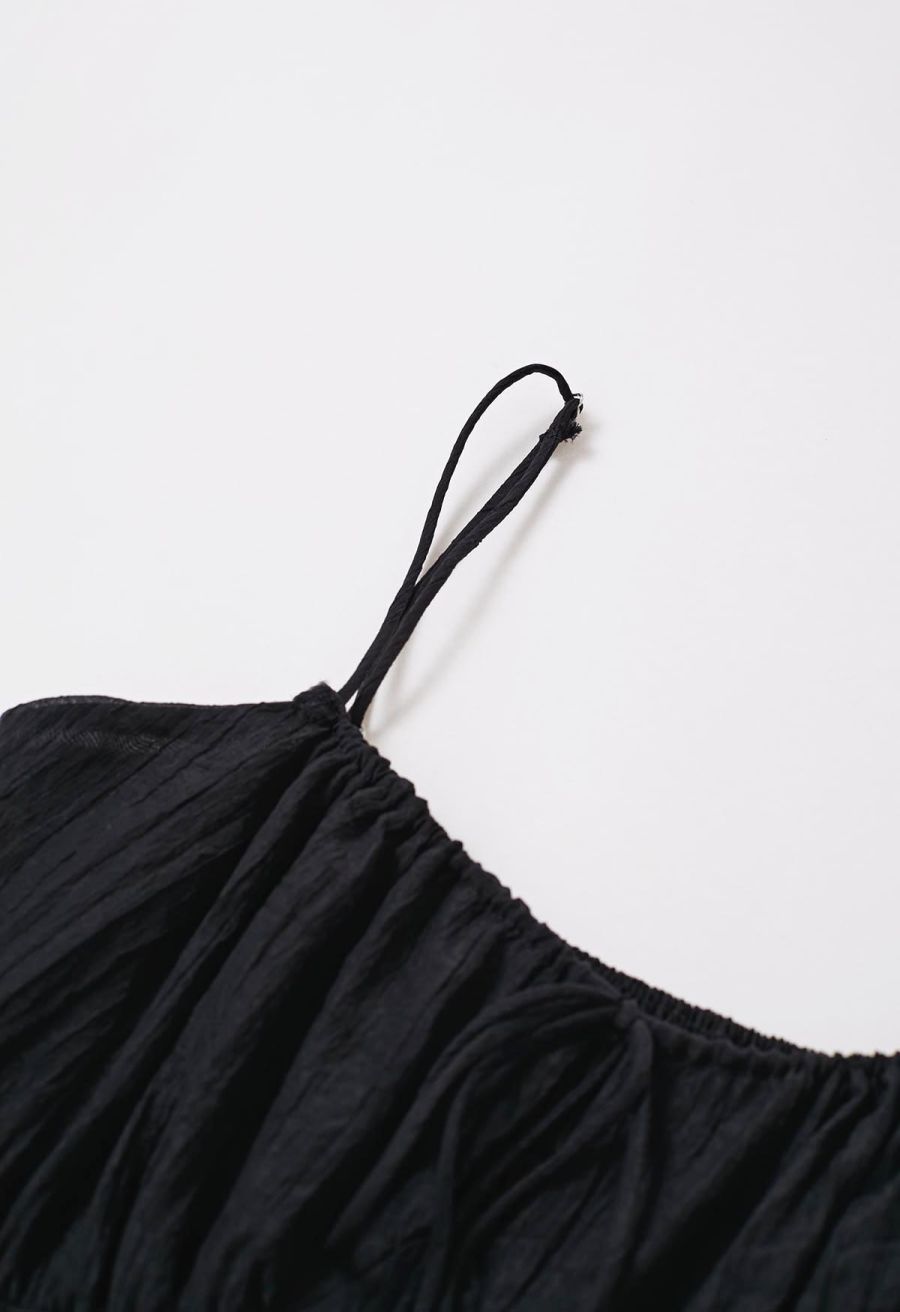Self-Tie Bowknot Shirred Crinkled Tiered Dress in Black