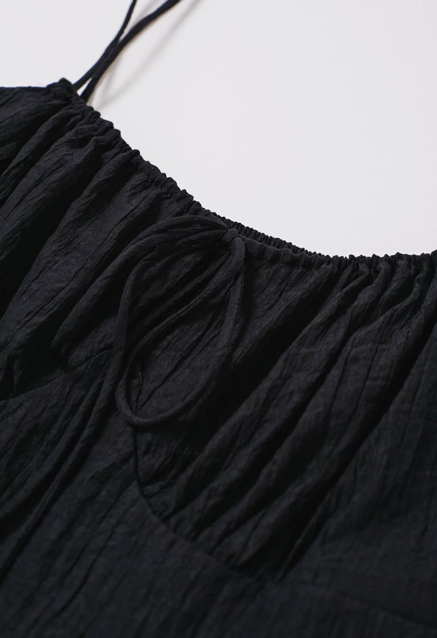Self-Tie Bowknot Shirred Crinkled Tiered Dress in Black