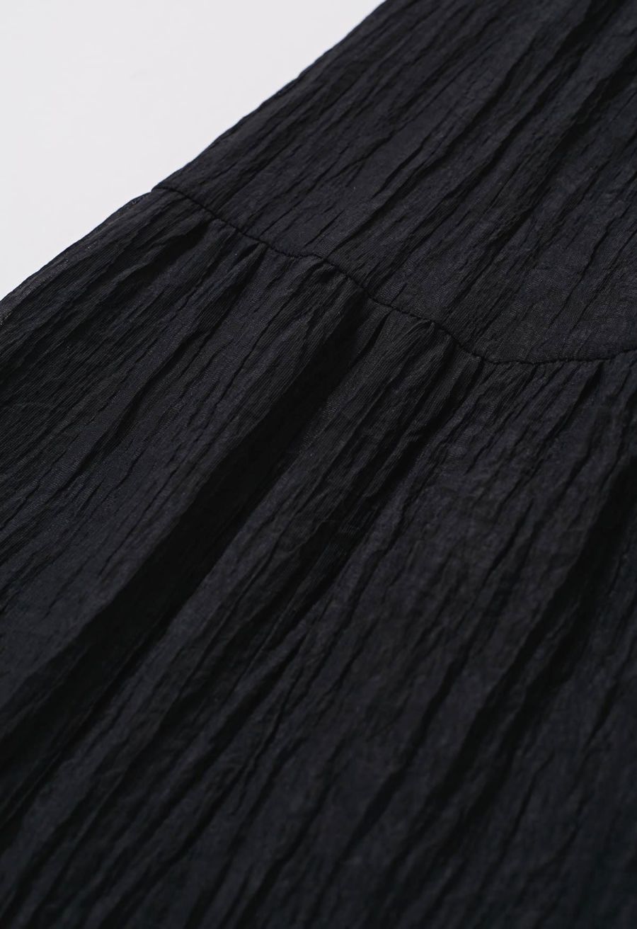 Self-Tie Bowknot Shirred Crinkled Tiered Dress in Black