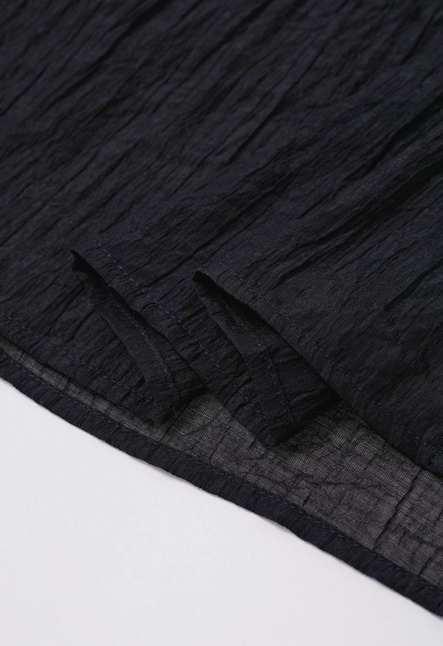 Self-Tie Bowknot Shirred Crinkled Tiered Dress in Black
