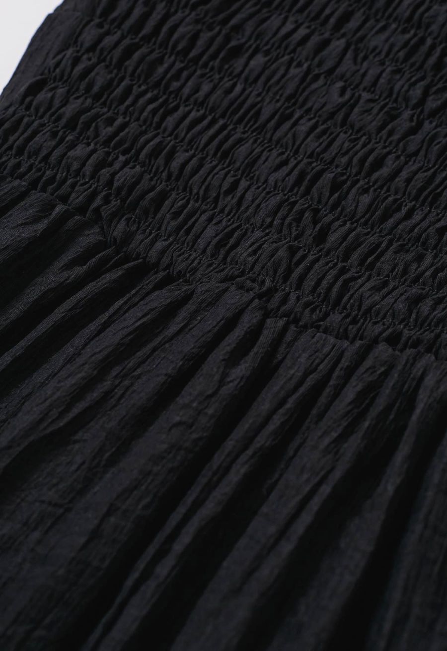 Self-Tie Bowknot Shirred Crinkled Tiered Dress in Black
