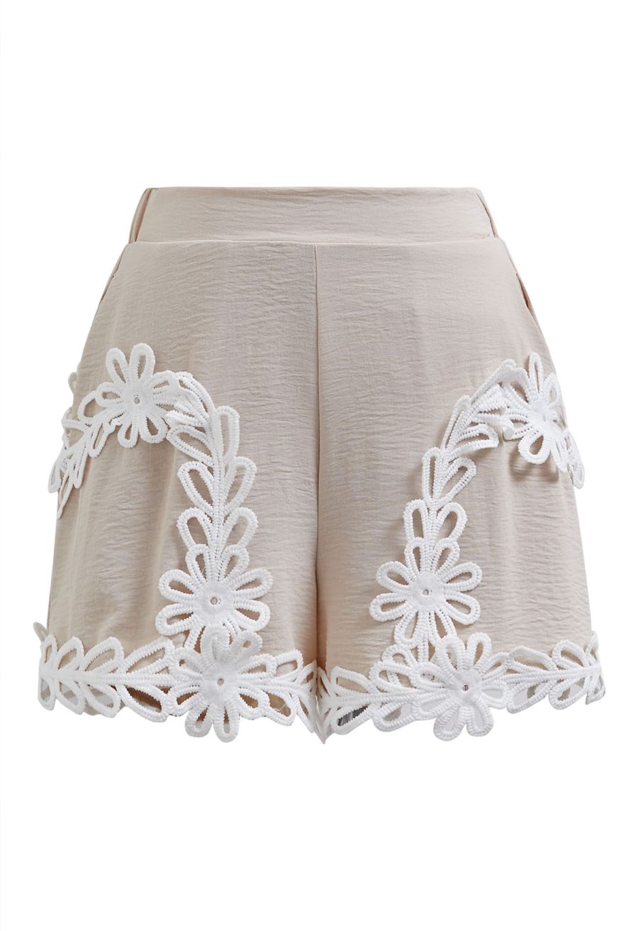 Tapework Lace Buttoned Sleeveless Top and Shorts Set in Linen