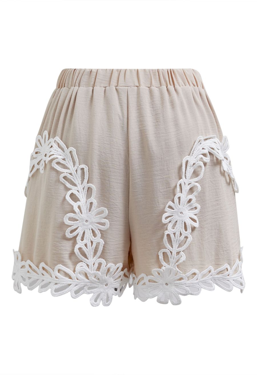 Tapework Lace Buttoned Sleeveless Top and Shorts Set in Linen