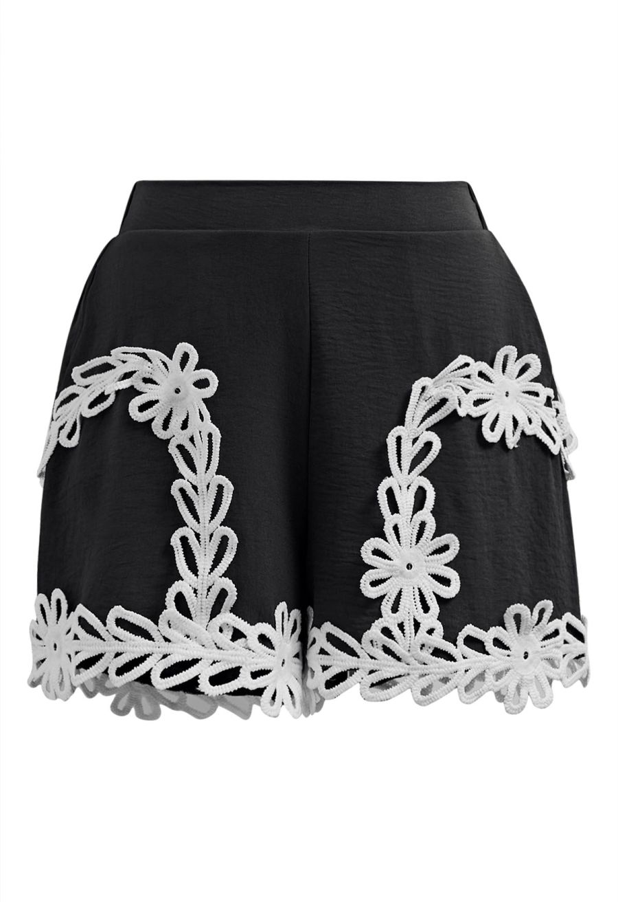 Tapework Lace Buttoned Sleeveless Top and Shorts Set in Black