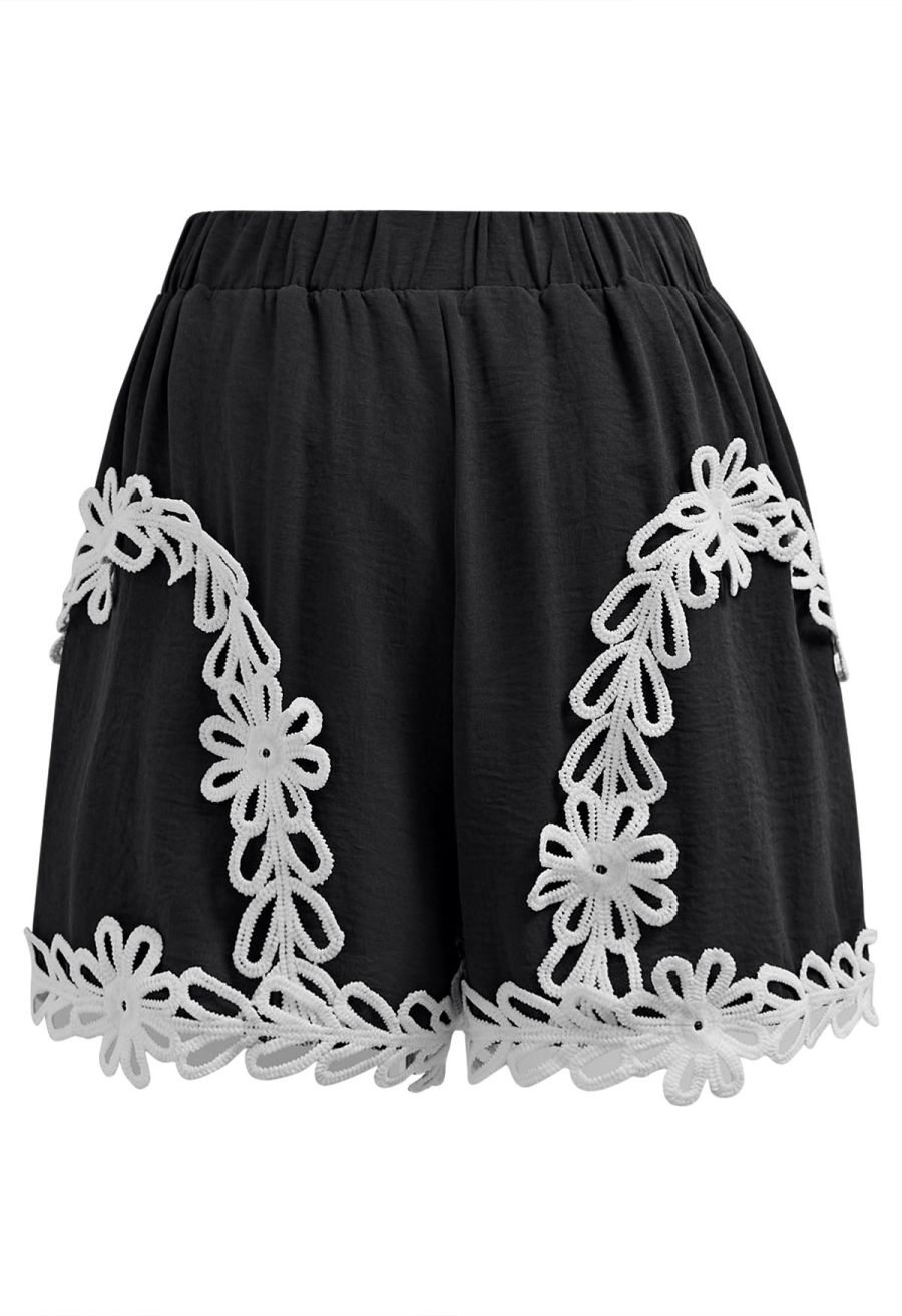 Tapework Lace Buttoned Sleeveless Top and Shorts Set in Black