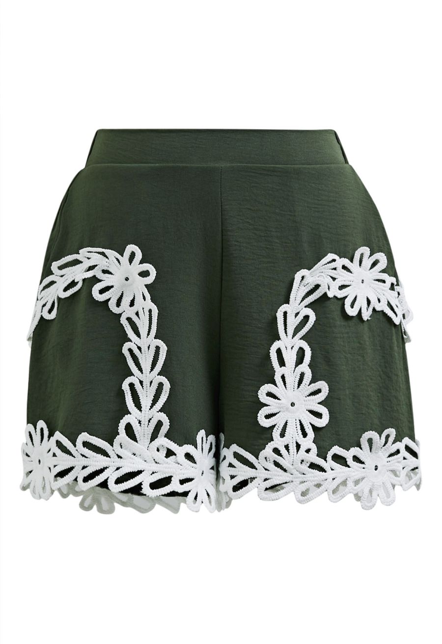 Tapework Lace Buttoned Sleeveless Top and Shorts Set in Army Green