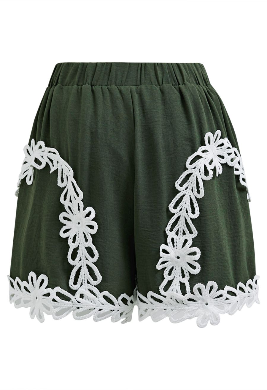 Tapework Lace Buttoned Sleeveless Top and Shorts Set in Army Green