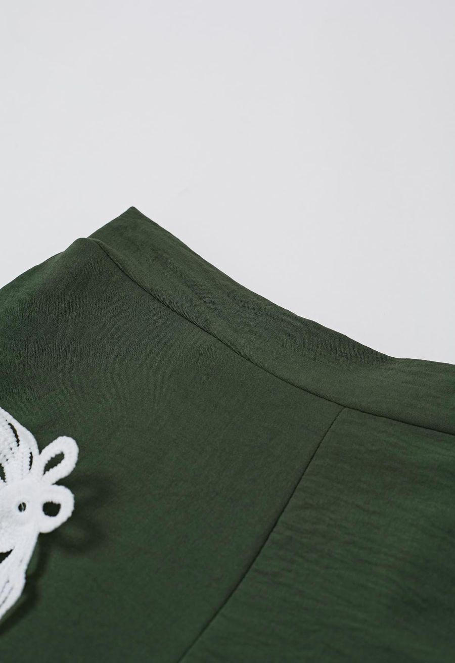 Tapework Lace Buttoned Sleeveless Top and Shorts Set in Army Green