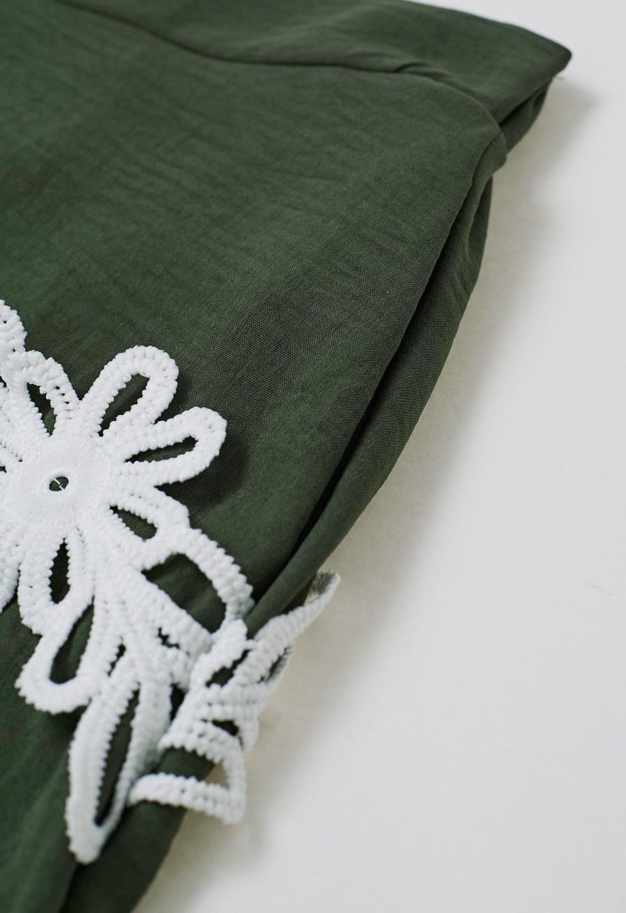 Tapework Lace Buttoned Sleeveless Top and Shorts Set in Army Green