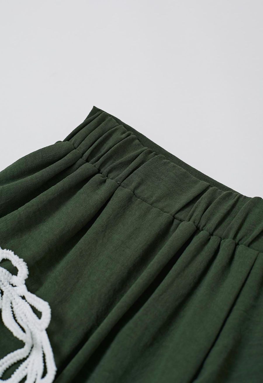 Tapework Lace Buttoned Sleeveless Top and Shorts Set in Army Green