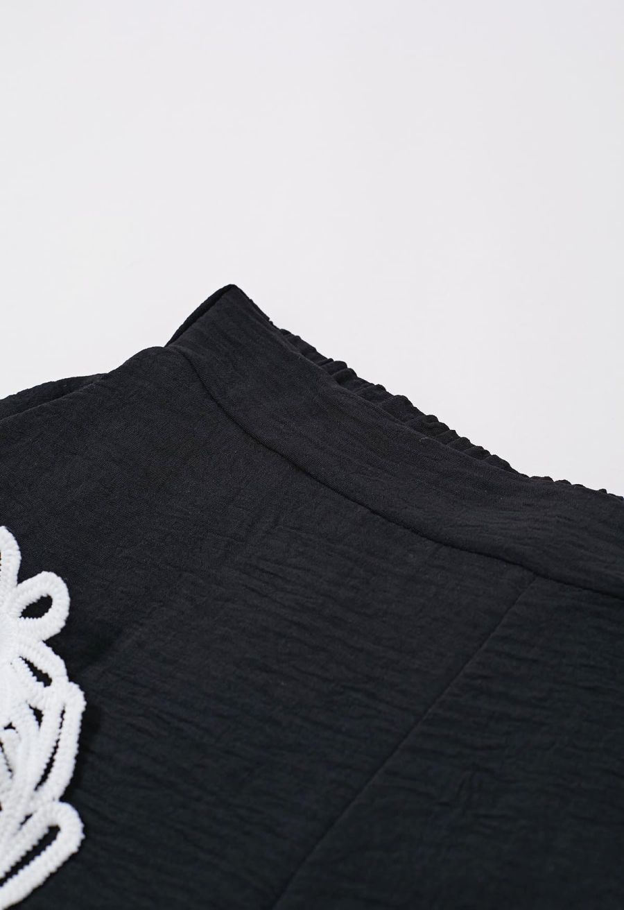 Tapework Lace Buttoned Sleeveless Top and Shorts Set in Black