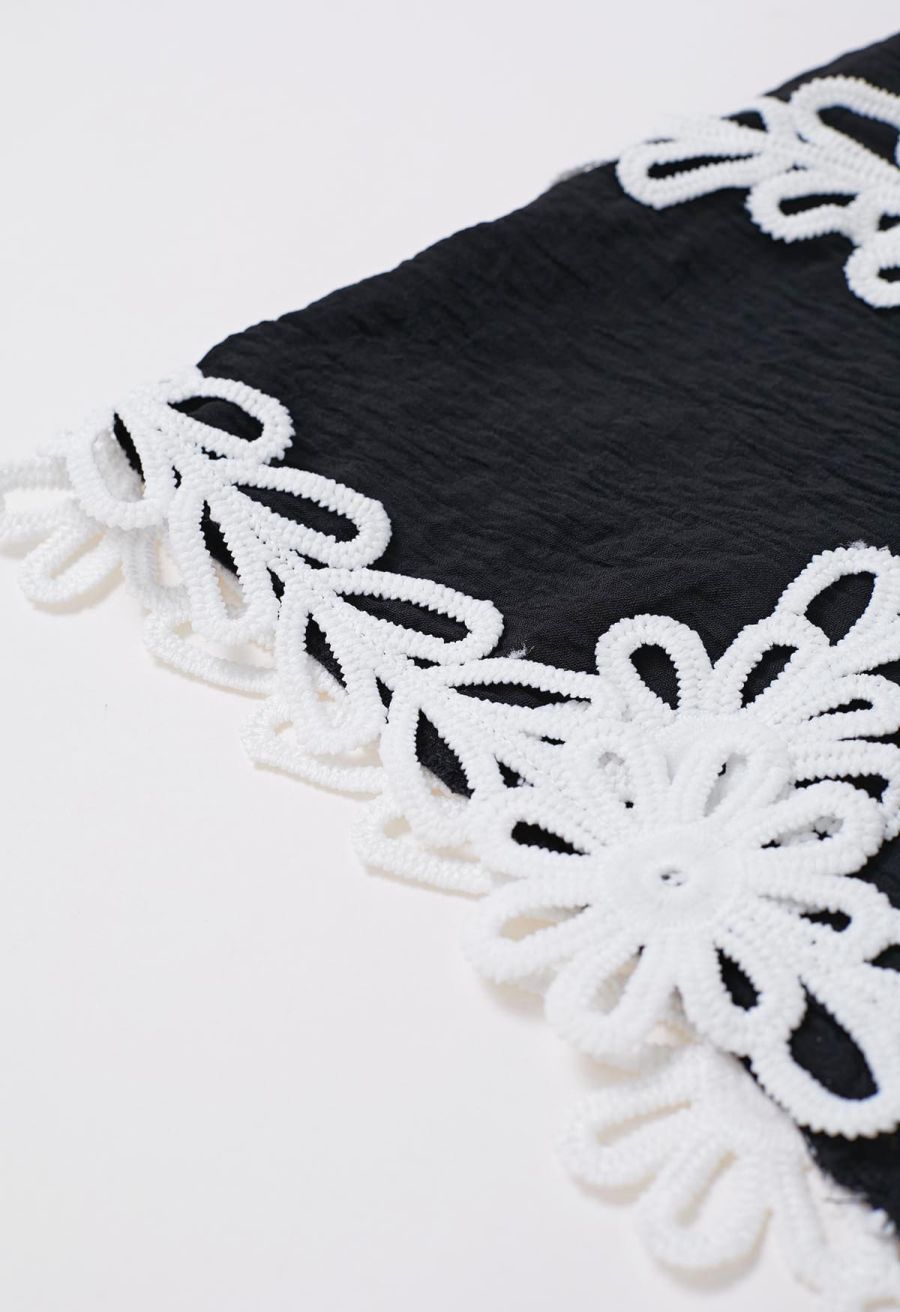 Tapework Lace Buttoned Sleeveless Top and Shorts Set in Black