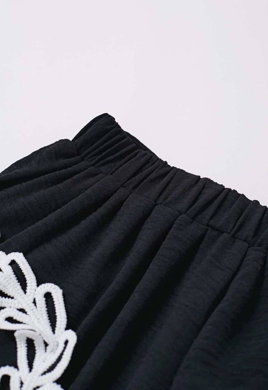 Tapework Lace Buttoned Sleeveless Top and Shorts Set in Black