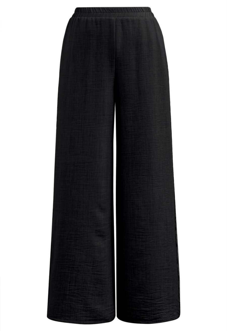 Lace Trim Buttoned Vest and Pants Set in Black