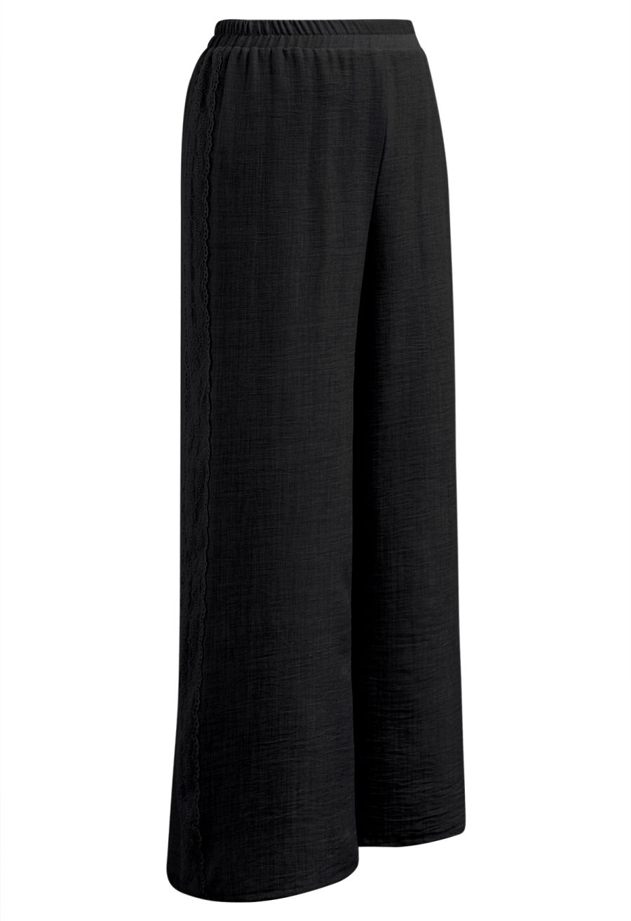 Lace Trim Buttoned Vest and Pants Set in Black