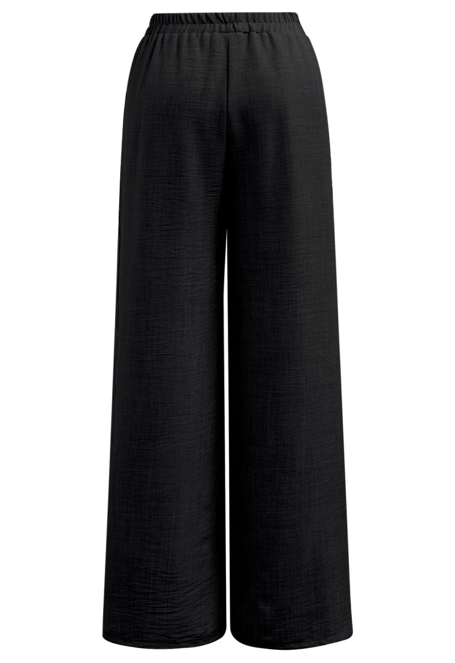 Lace Trim Buttoned Vest and Pants Set in Black