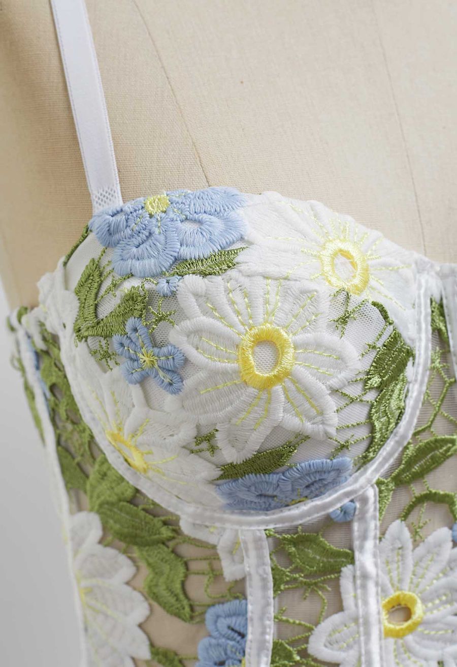 Dreamlike Floral Cutwork Embroidery Mesh Bra Top