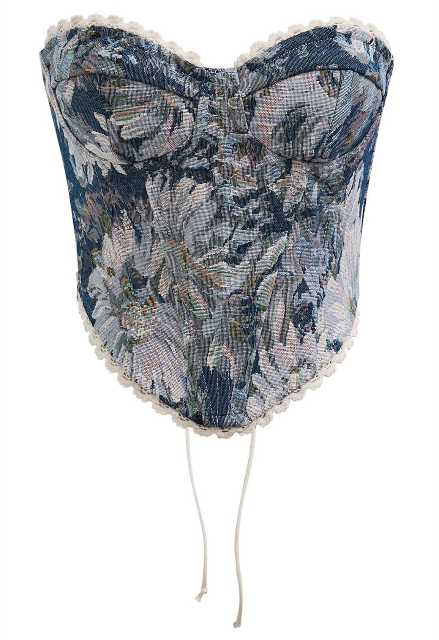 Tapestry Floral Lace-Up Back Bustier Top