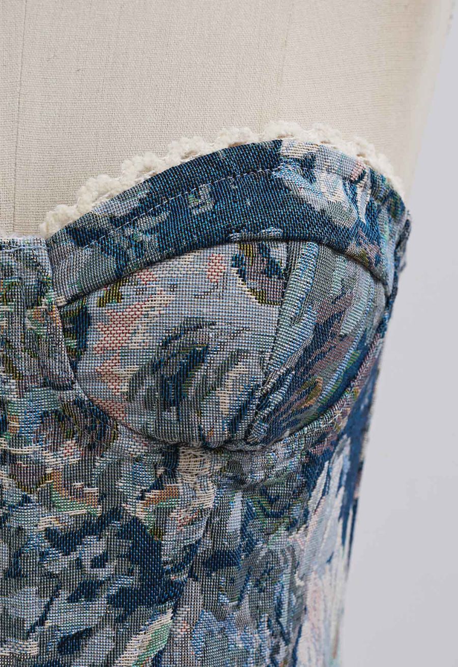 Tapestry Floral Lace-Up Back Bustier Top