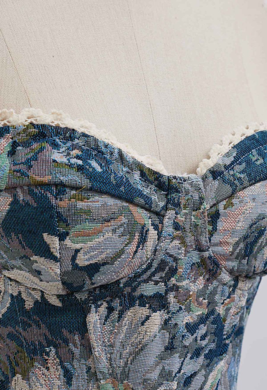 Tapestry Floral Lace-Up Back Bustier Top