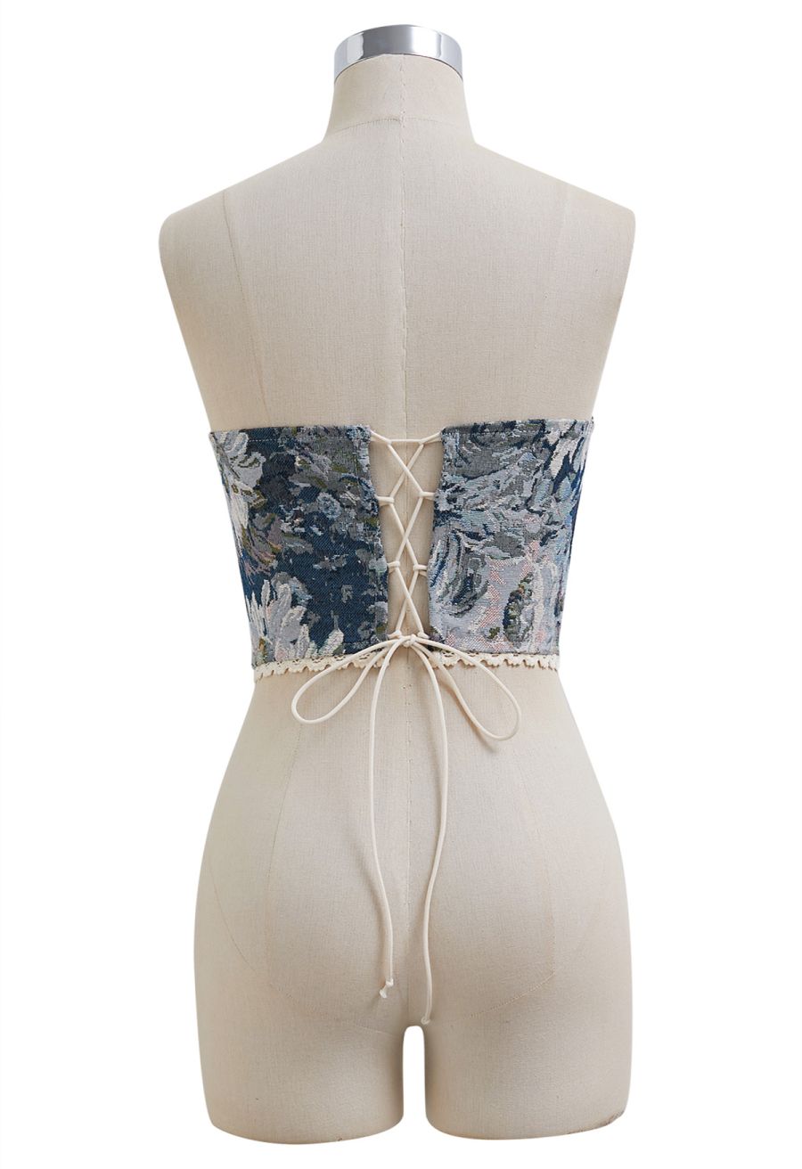 Tapestry Floral Lace-Up Back Bustier Top