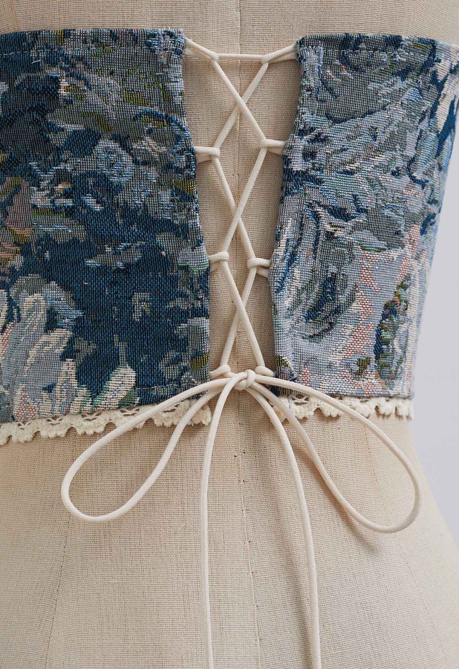Tapestry Floral Lace-Up Back Bustier Top