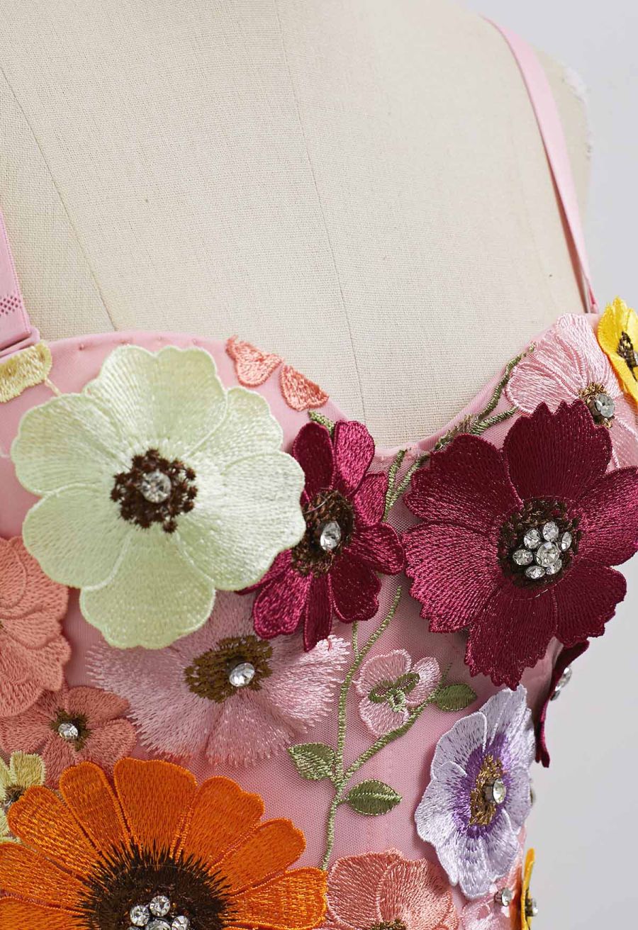 3D Floral Applique Rhinestone Bra Top in Pink