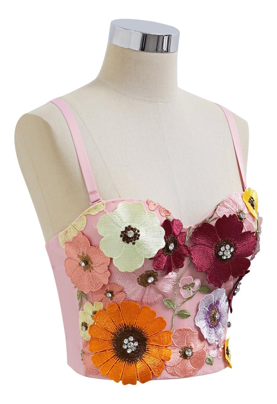 3D Floral Applique Rhinestone Bra Top in Pink